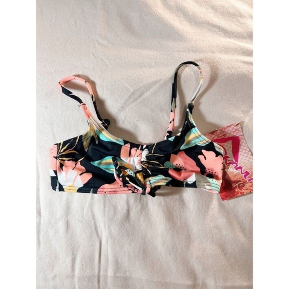 NWT Kanu Surf‎ Girls Bikini Top Only Chest Scrunch Sz 4 Black w/ Pink Flowers